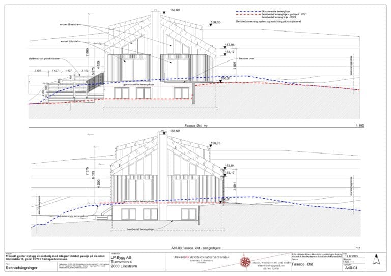 Arkitekttegninger og skjemaer som brukes i en byggesøknad